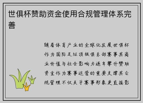 世俱杯赞助资金使用合规管理体系完善